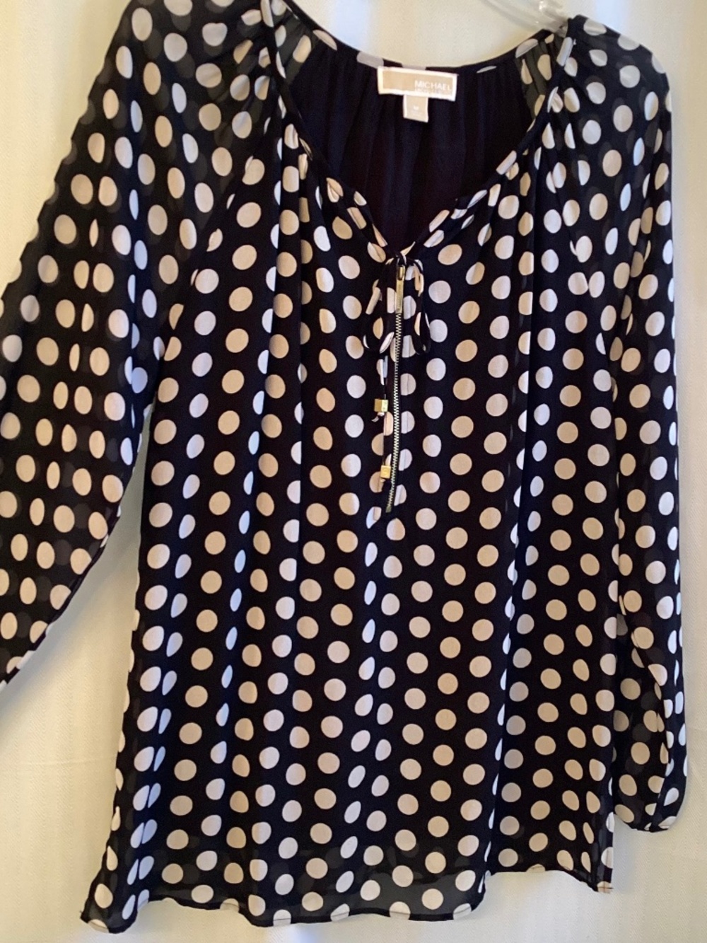 MICHAEL KORS…Black / White Polka Dot Semi Sheer Top, size Med.